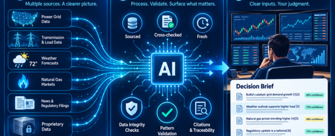 Infographic: market data feeds flow through AI with verification checks into a sourced decision brief for a human trader