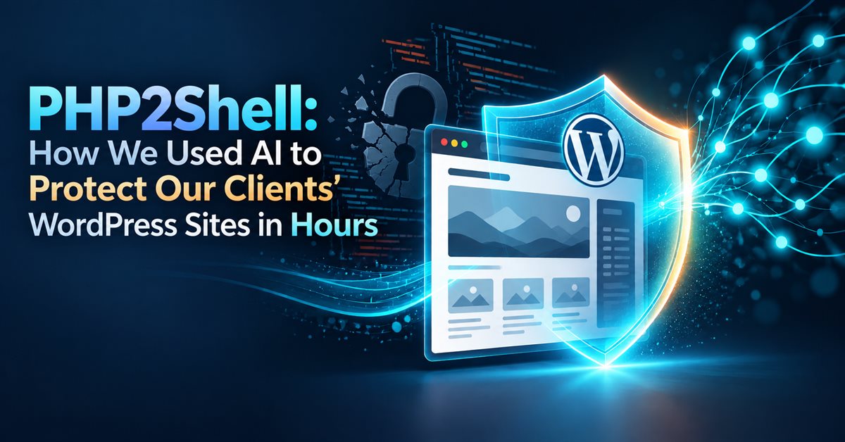 A WordPress website protected by a glowing shield, with AI network lines, illustrating the PHP2Shell vulnerability response
